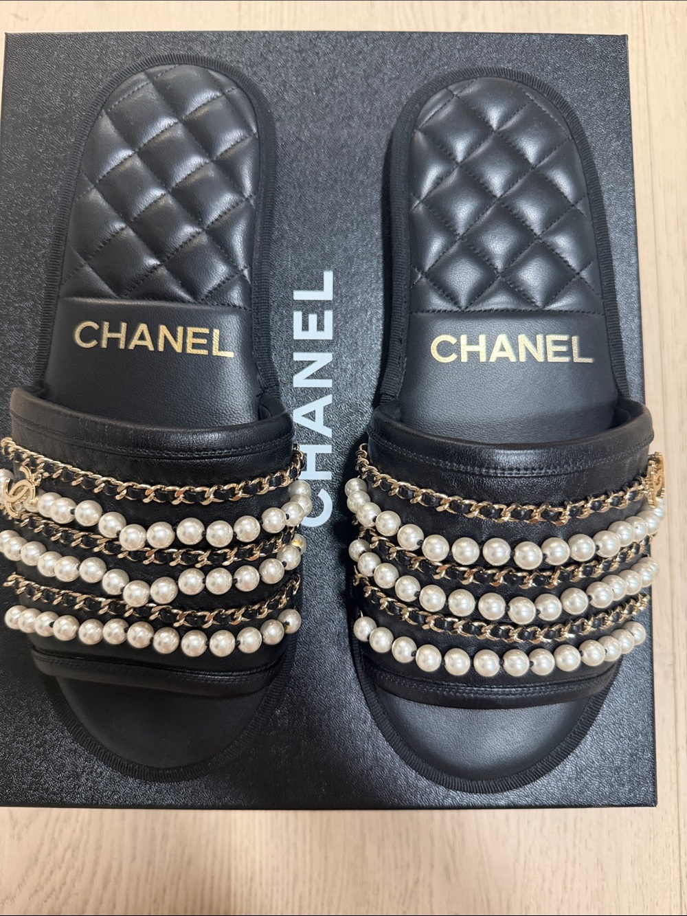 CHANEL Black Quilted Pearl & Gold Chain Slide Sandals